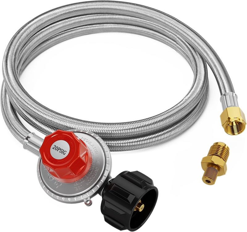 CALPOSE 5FT High Pressure Propane Regulator Hose, 0~20PSI Adjustable Propane Tank Regulator, QCC1 & 3/8” Female, Fit for Turkey Fryer，Fish Fryer，Propane Burner，Fire Pit, Forge, and More, Braided Hose - Image 1